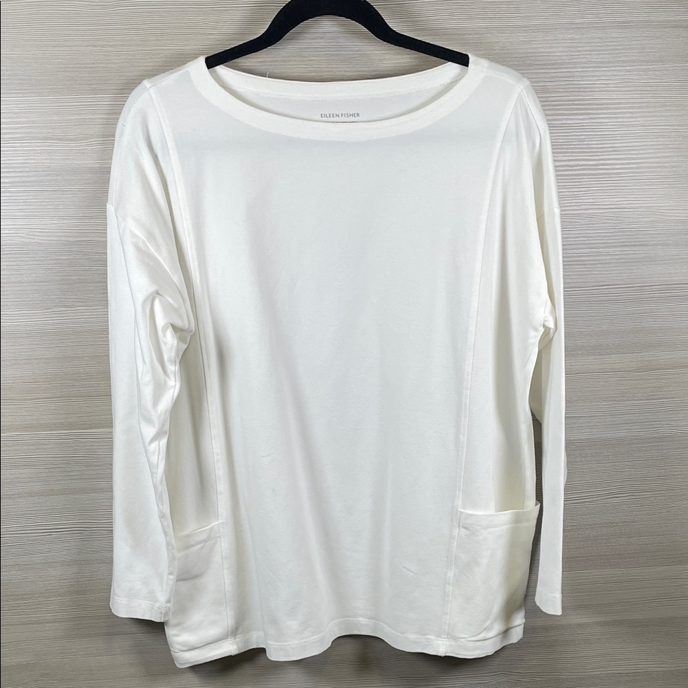 Eileen Fisher Cotton White Knit Long Sleeve Top Side Pockets Boat Neckline